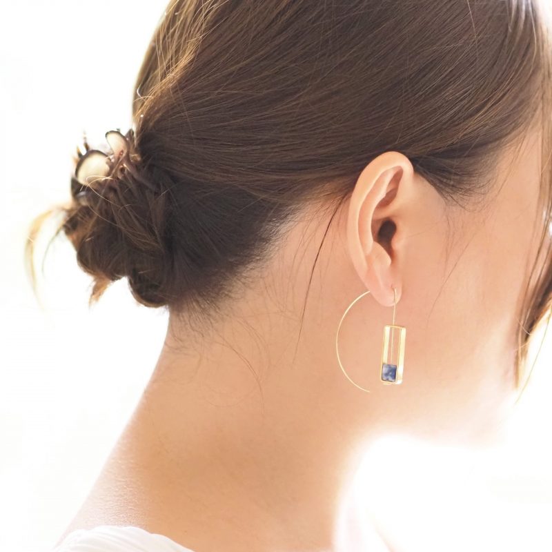 White Finches brass jewellery white dot blue earrings model